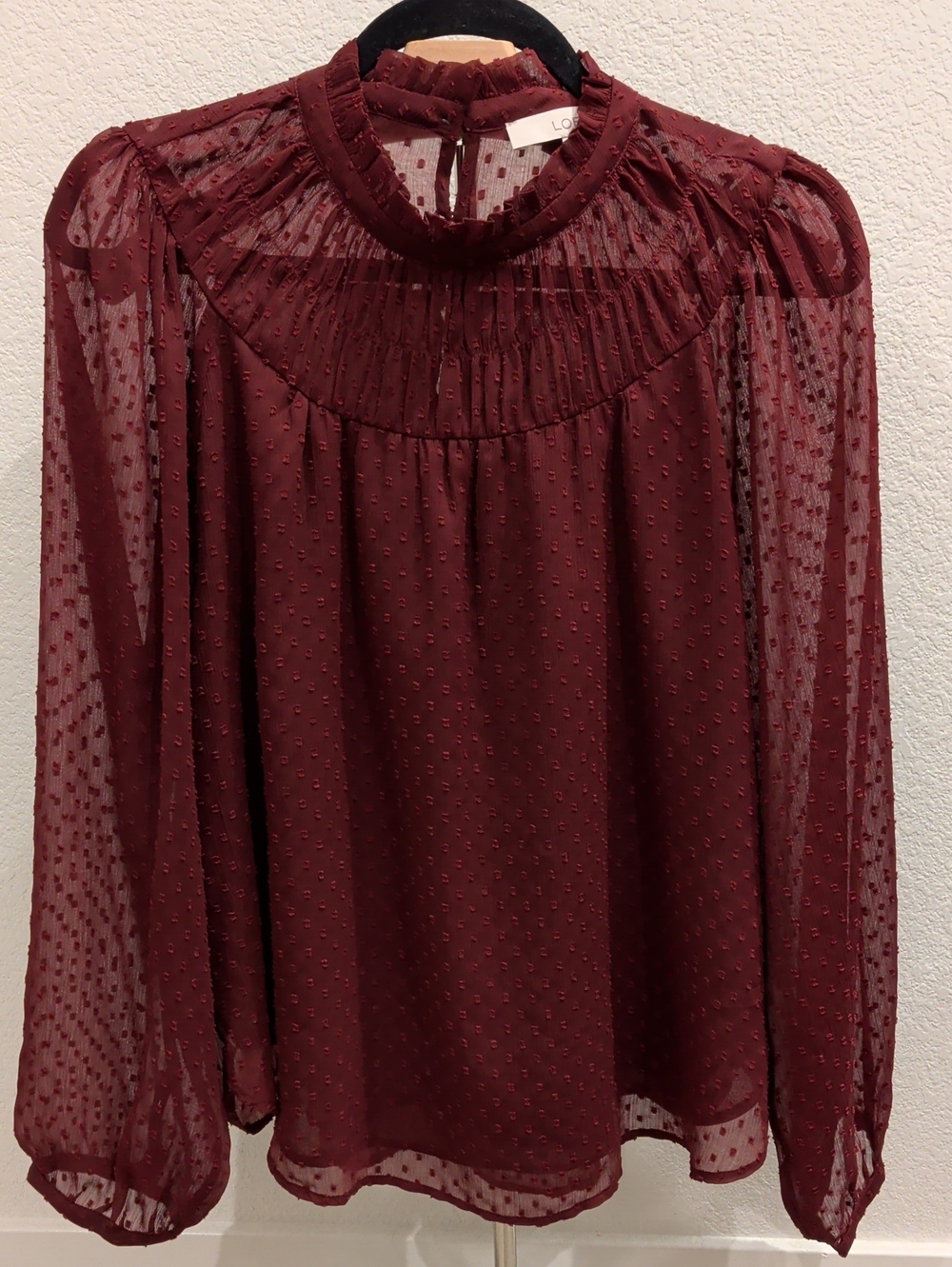 LOFT Burgundy Swiss Dot High-Neck Long Sleeve Blouse